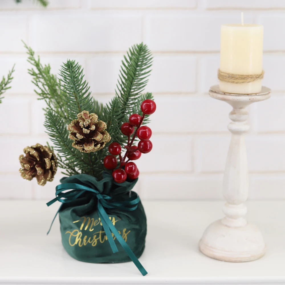 Artificial Christmas Tree With Red Berry Flower Pine Cone Mini Tabletop Tree Xmas Home Decorations