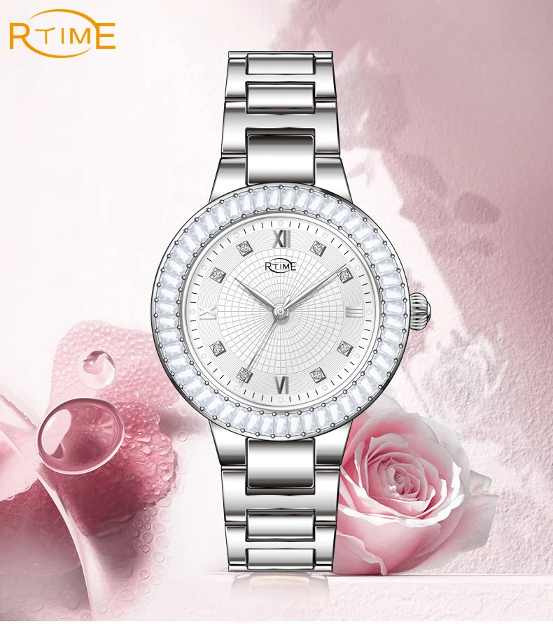 stainless steel crystal women quartz wrist watch sapphire glass 50M water resistant lady watch