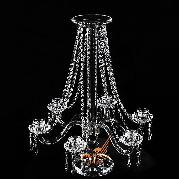 European Tall 6 Arm Crystal Clear Candelabra With Flower Bowl Wholesale for Wedding Table Decoration Centerpieces