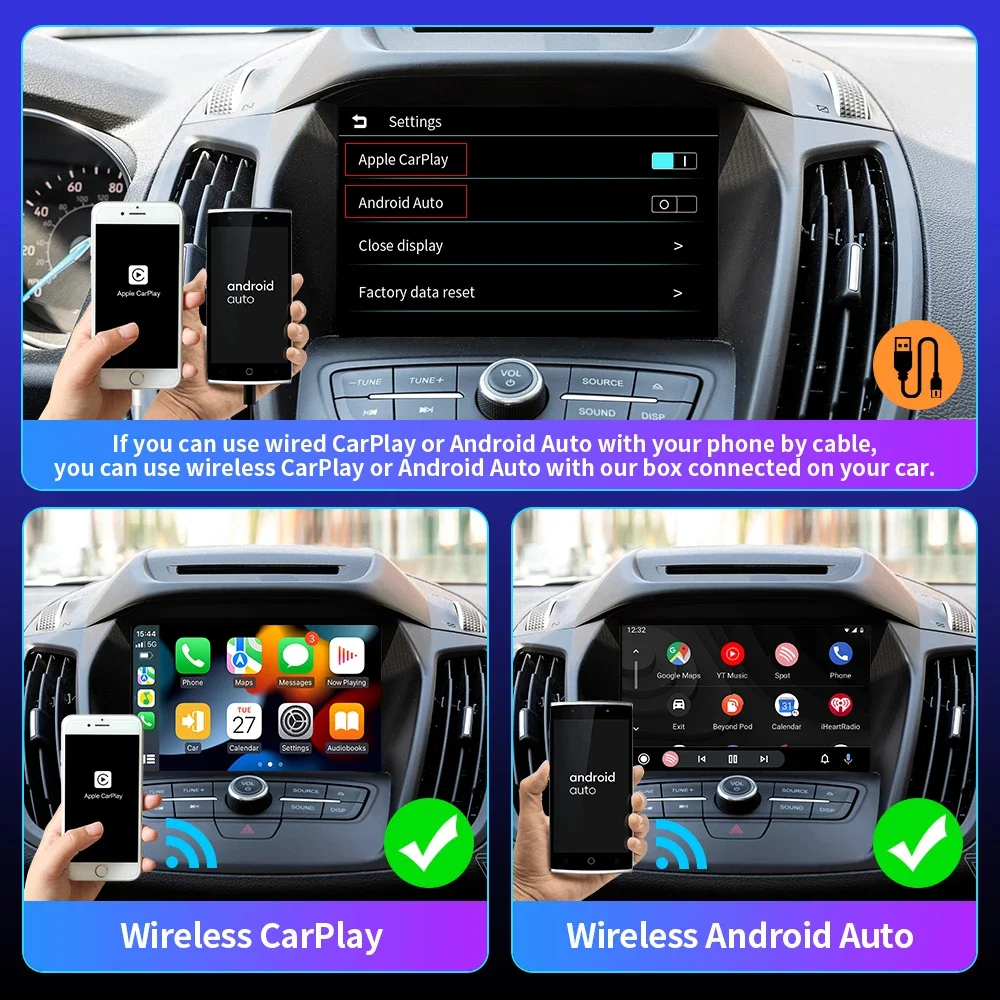 Беспроводной адаптер EKIY CarPlay Android Auto A2A для Audi Toyota Mazda Nissan Chevrolet Suzuki Subaru Kia Ford Opel Skoda Hyundai