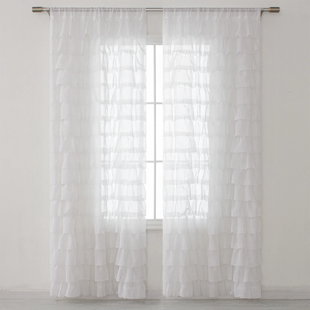 Custom White Home Window Decor Sheer Ruffle Tulle Curtains Drapes Rideau Voilage For Girls Bedroom Living Room