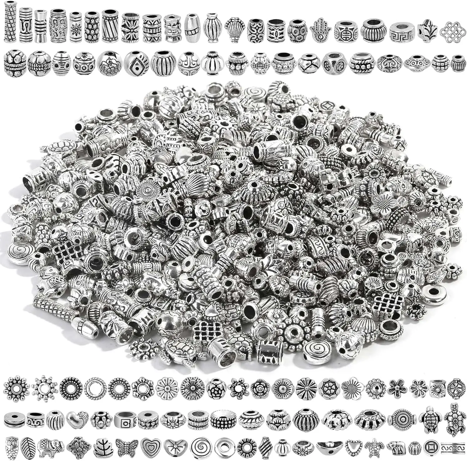 Bracelet Spacer Beads, Silver Bulk Random Styles Loose Spacer Metal Charm for Necklace, Earring Making DIY Jewelry Accessories
