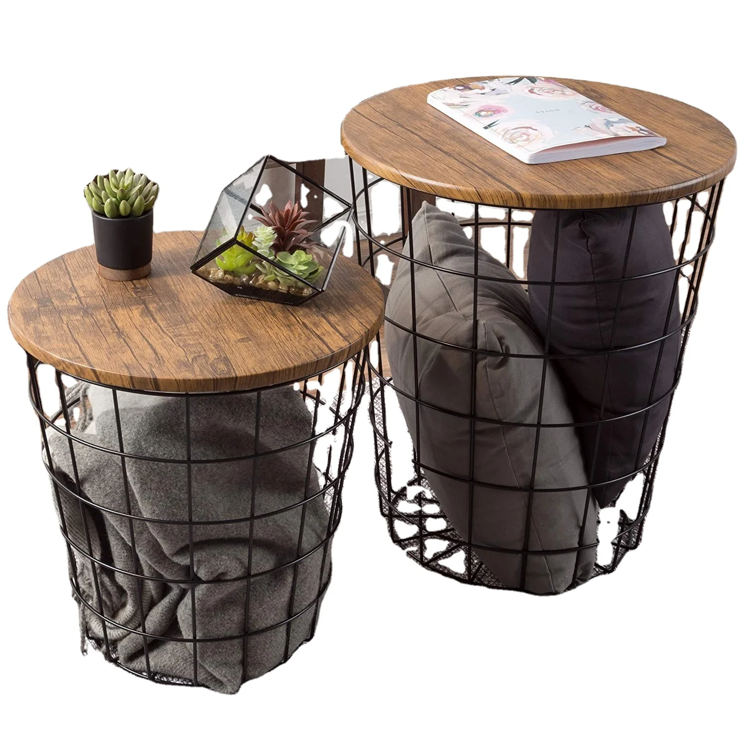 Nesting Wire Basket Base and Wood Tops Farmhouse Style Side Table Set of 2 Decorative Serving Baskets for Home Decor