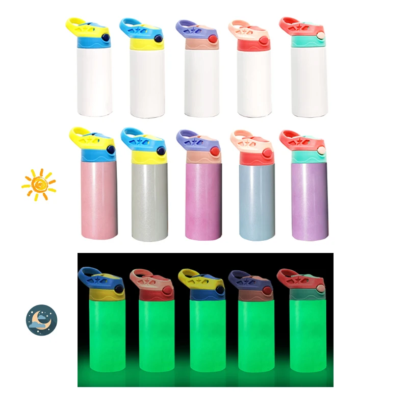 Klooper 350ml 12oz Flip Top Kids Cup UV Color Change&Glow iin Dark Sublimation Blank Straight Stainless Steel Insulated Tumblers