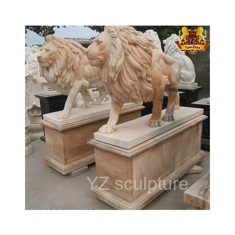 Outdoor Garden Hand-Carved Natural Marble Stone Lion Statue Granite Right & Left Lion Status Winged Marble Lions Statue