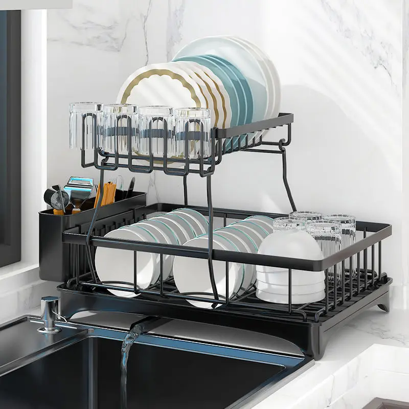 2 Tier Dish Drying Rack Cutlery Drainer Dish Storage Holder Detachable Multifunction Countertop Kitchen Dish Rack Drainer