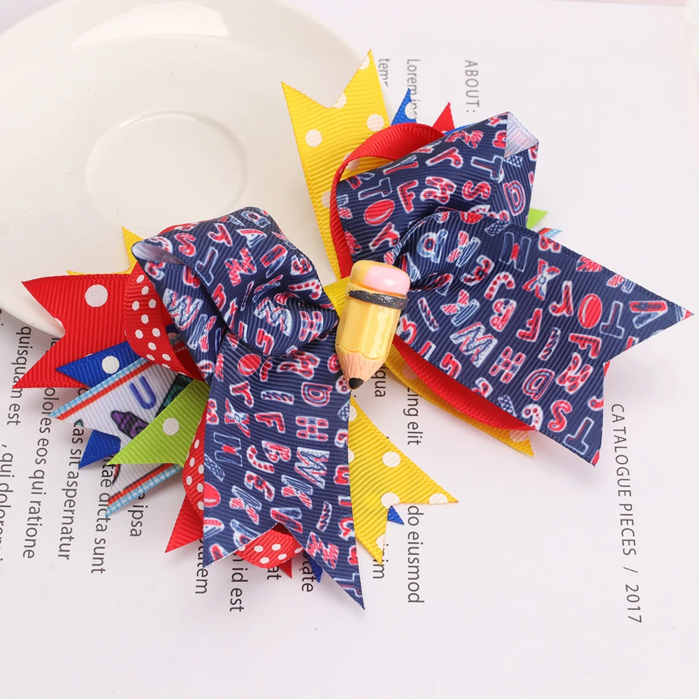 Back To School Hair Bows Hair Clips Printed Ribbon Bows For Girls Multilayer Colorful Hairpins Princess Hair Accessories For Kid