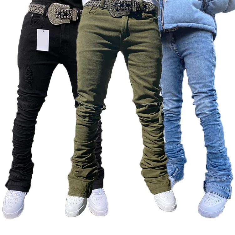 Ripped Slim Fit Fitted Stacked Skinny Stretch Trousers Flare Denim Jeans Men