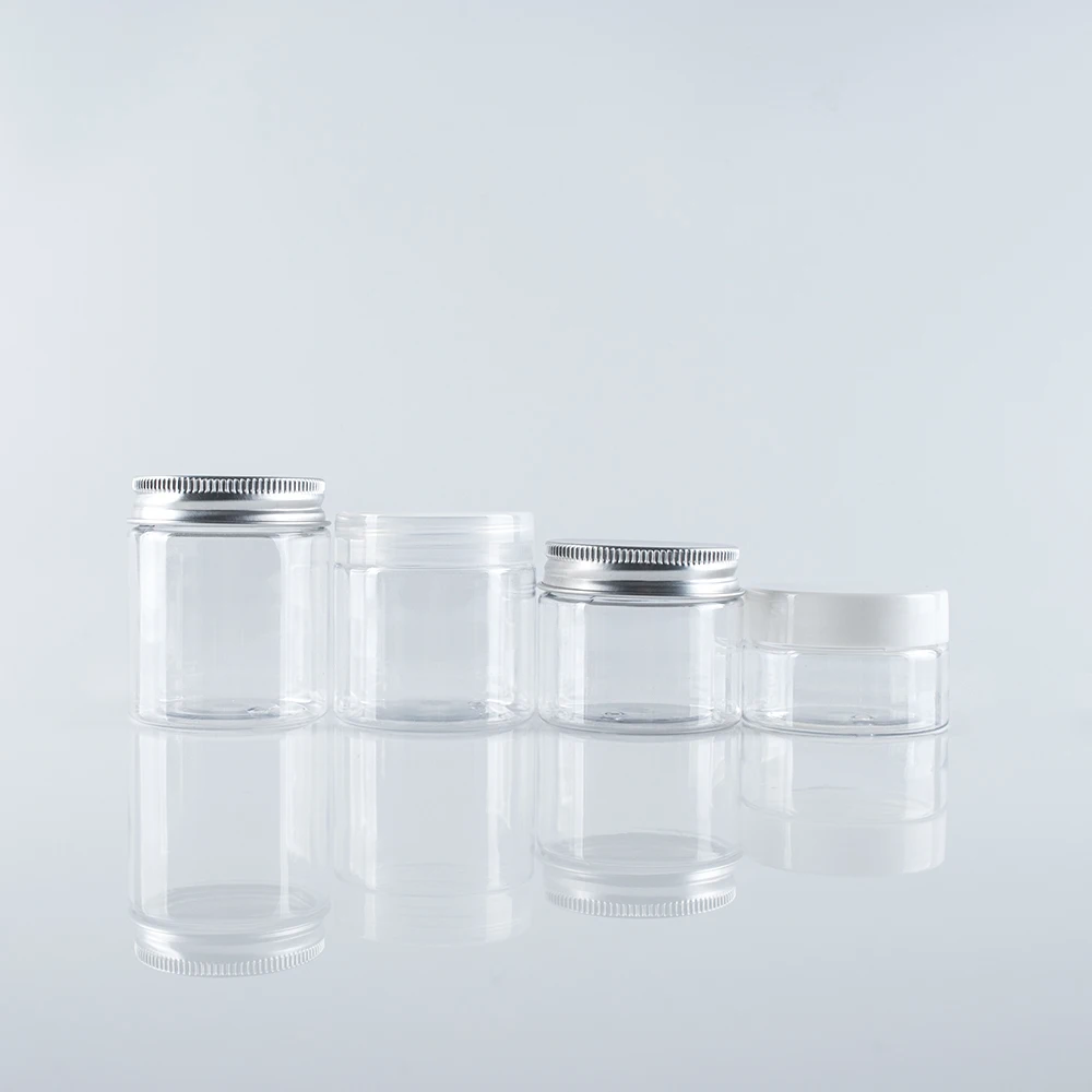stock clear PET cosmetic cream jar with silver lid for ointment or balm