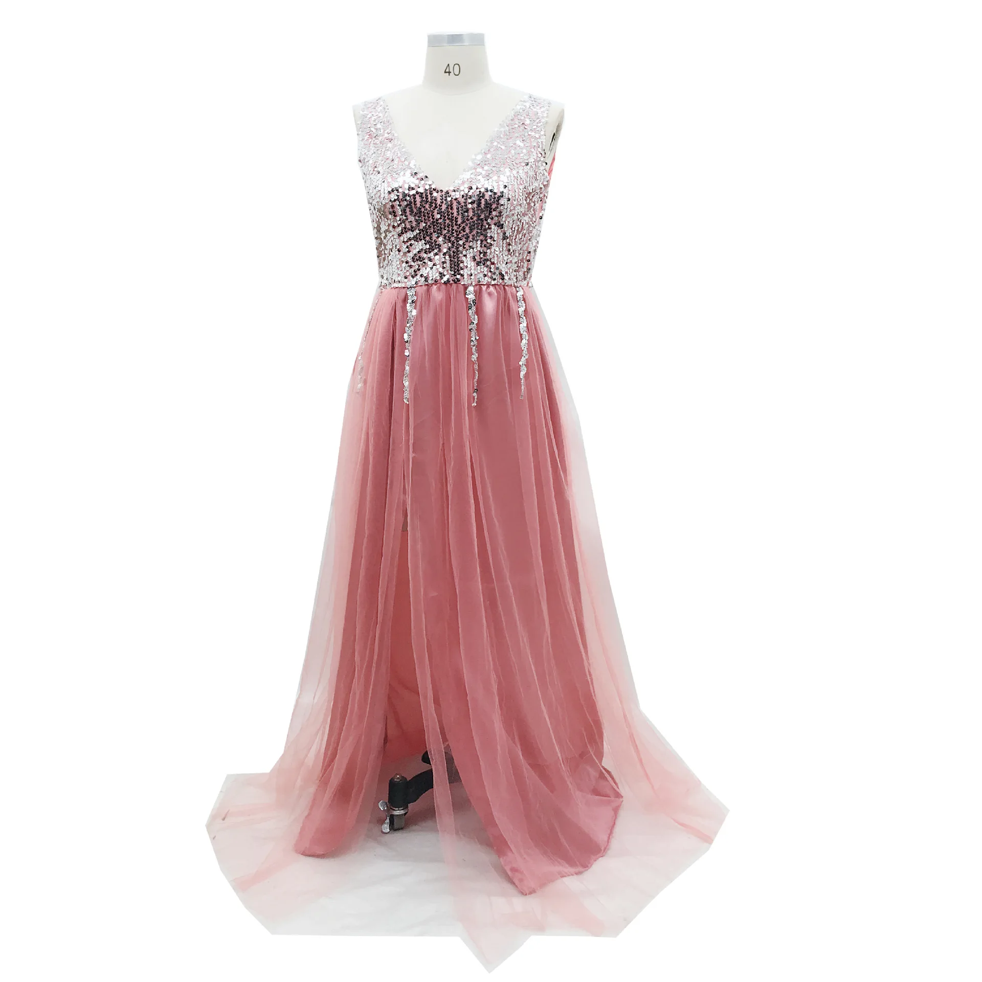 or60303b Europe and America style pink embroidered sequins deep V-neck women dresses sexy ladies full dress