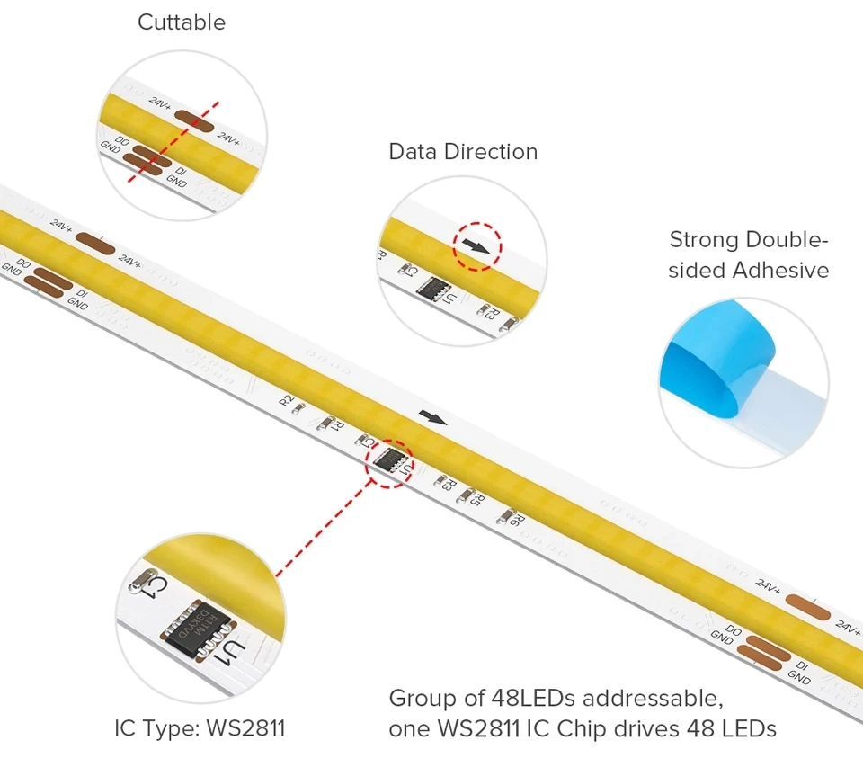 DC24V FCOB CCT IC LED Light Strip WS2811 Addressable 576 LEDs 2700K to 6500K 10mm Flexible FOB High Density COB Led Lights RA90