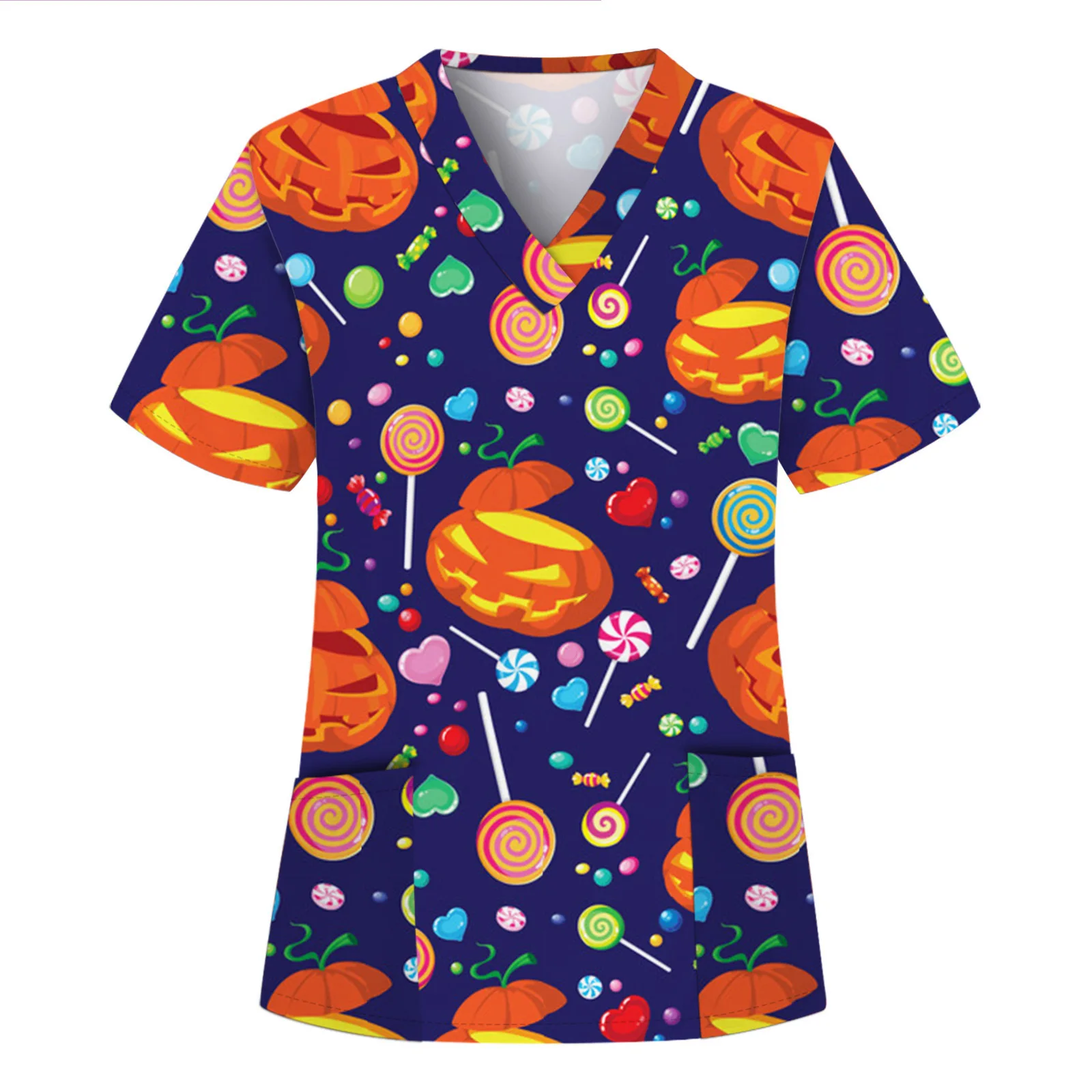 Cartoon Medical Uniforms Halloween Scrub Uniform Women Hospital Scrubs Top V Neck Nursing Shirt Short Dental Clinic Uniforms