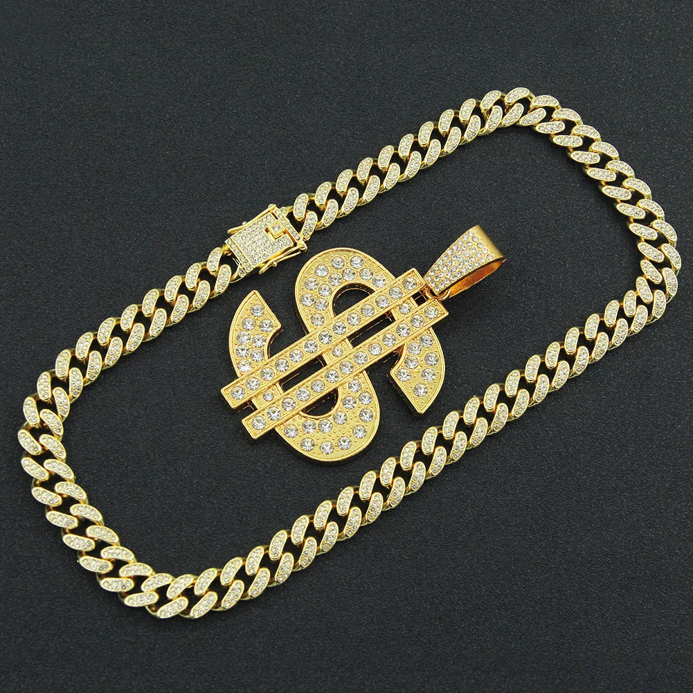 New Design Gold Color US Dollar Shape Pendant HipHop Necklace for Women/Men Bling Jewelry
