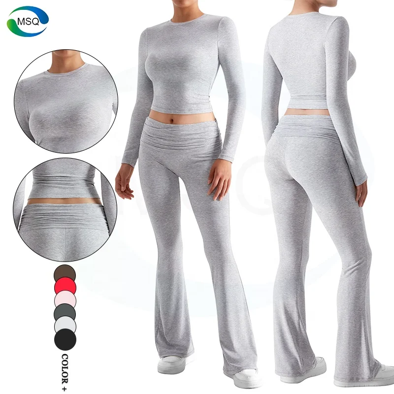 Long Sleeves Sports Yoga Top Pleated Waistband Flared Pants Leggings Active Wear Gym Fitness Clothes Workout Sets For Women