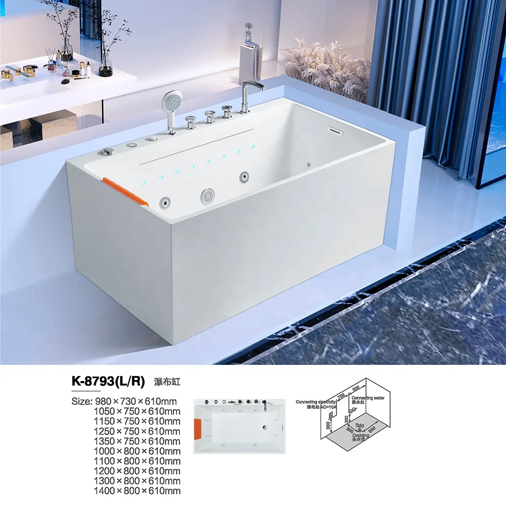 Acrylic Freestanding Rectangle Lazy Spa Hot Waterfall Bubble Bath Tub Control Panel Whirlpools Massage Bathtubs