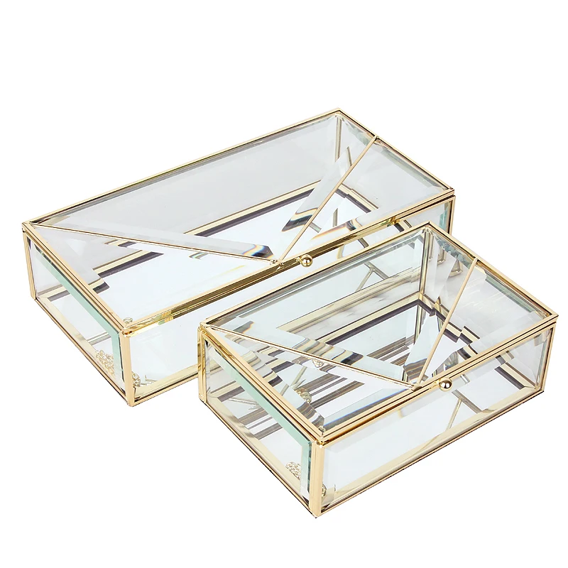 European Luxury Gold Cosmetic Storage Trinket Decor Box Transparent Crystal Glass Jewelry Storage Box With Brass Frame