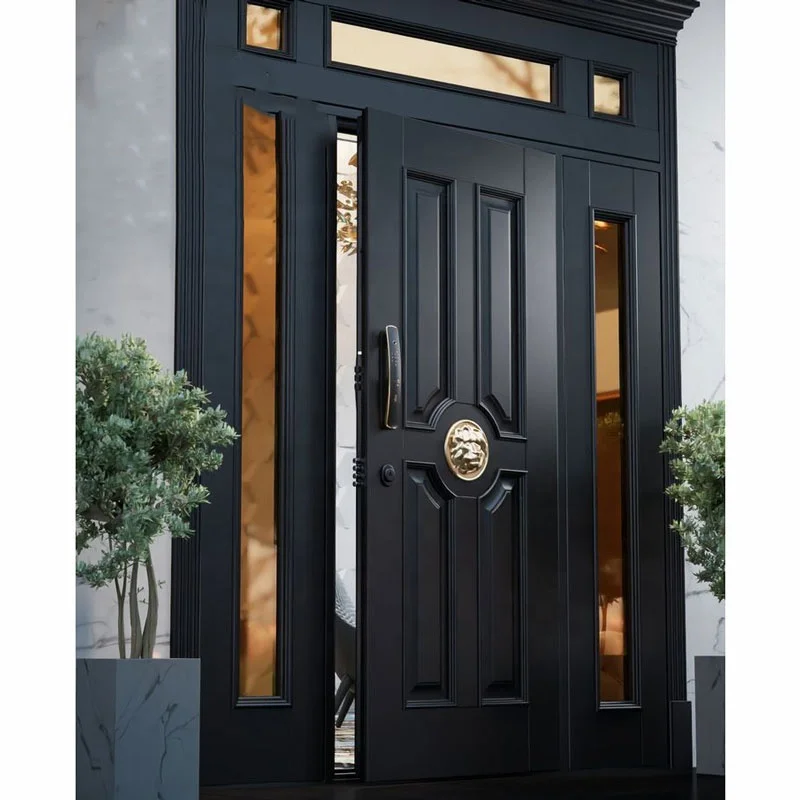 Guangzhou Wooden door decoration Luxury design traditional teak solid wood frame double side glass exterior entrance front door