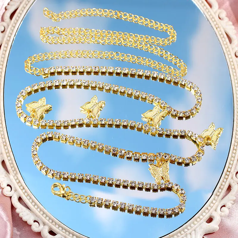  Belly Chain Bohemian Charm Jewelry Bulk Cotton String Cord Rhinestone crystal Butterfly Waist Bead Clasp sexy body
