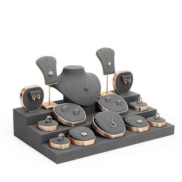 VANLOCY Fashion metal grey jewelry displays for store luxury jewelry display props microfiber jewelry stand display set