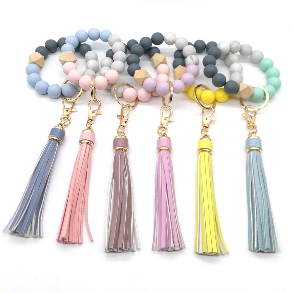 pu leather tassel elastic silicone bracelet key ring keychain wristlet 15mm silicone bead keychain