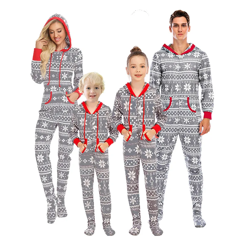 High Quality Hooded Pocket Long Sleeve Sexy Sleepwears Snow Plaid Nightgown Pajama Night Family Onesie Pajamas