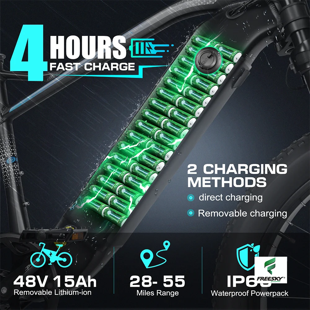 FREESKY Electric Bicycle 7-Speed Adults 750W BAFANG Motor 48V 15Ah Removable Battery ebike 26' Snow Beach Fat Tire e bike mtb