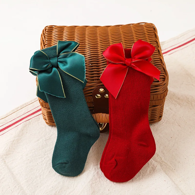 ins Spanish style Children Bowknot Socks Christmas gift Big bow red and green Baby Socks Celebration Plain Stockings 2 pairs set