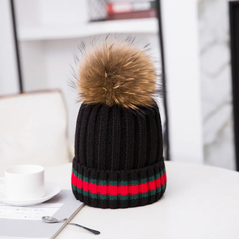 Whosale Winter Thickened Warm Wool Stripe Knitted Baby Adult Real Raccoon Fur Pom Pom Beanie Hats