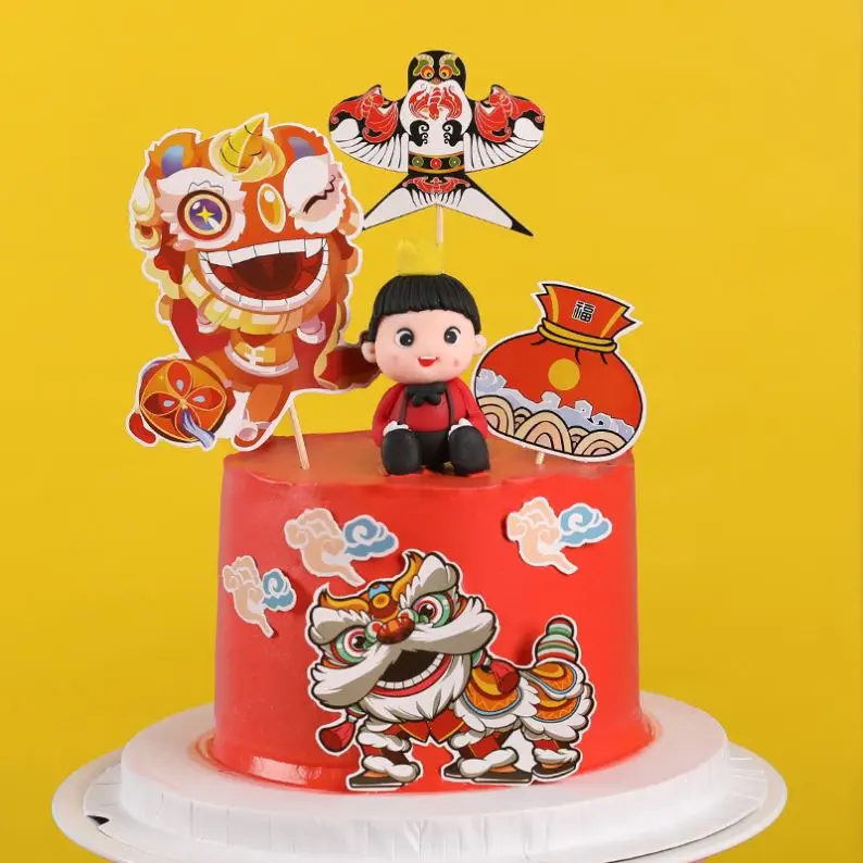 
Chinese New Year Lion Dance Birthday Paper Lion Cake Topper Decoration Chinese Style Lion Dance Kite Cake Topper 