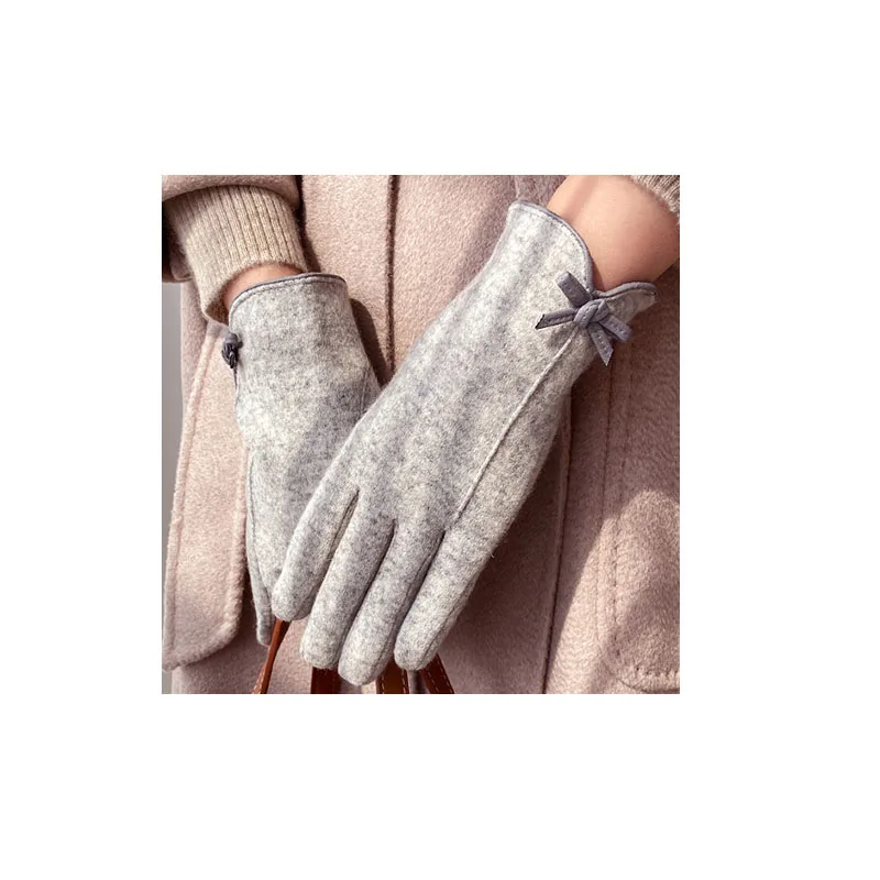 Теплые шерстяные вязаные зимние рукавицы с маленьким бантом и кожаной отделкой