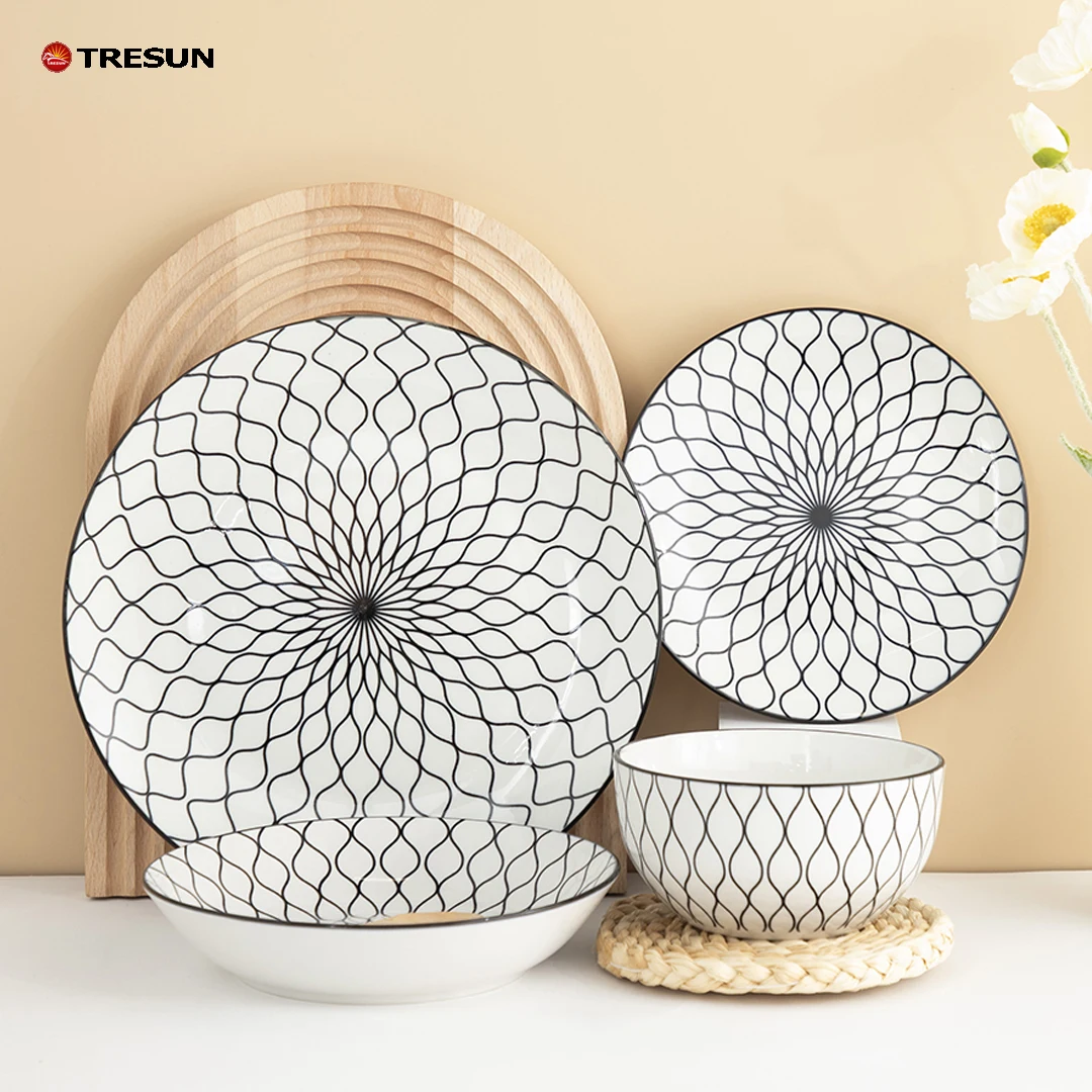 custom package vajilla vaisselle design white and black ceramic double bowls dishes 24 30 pieces porcelain dinner set for home