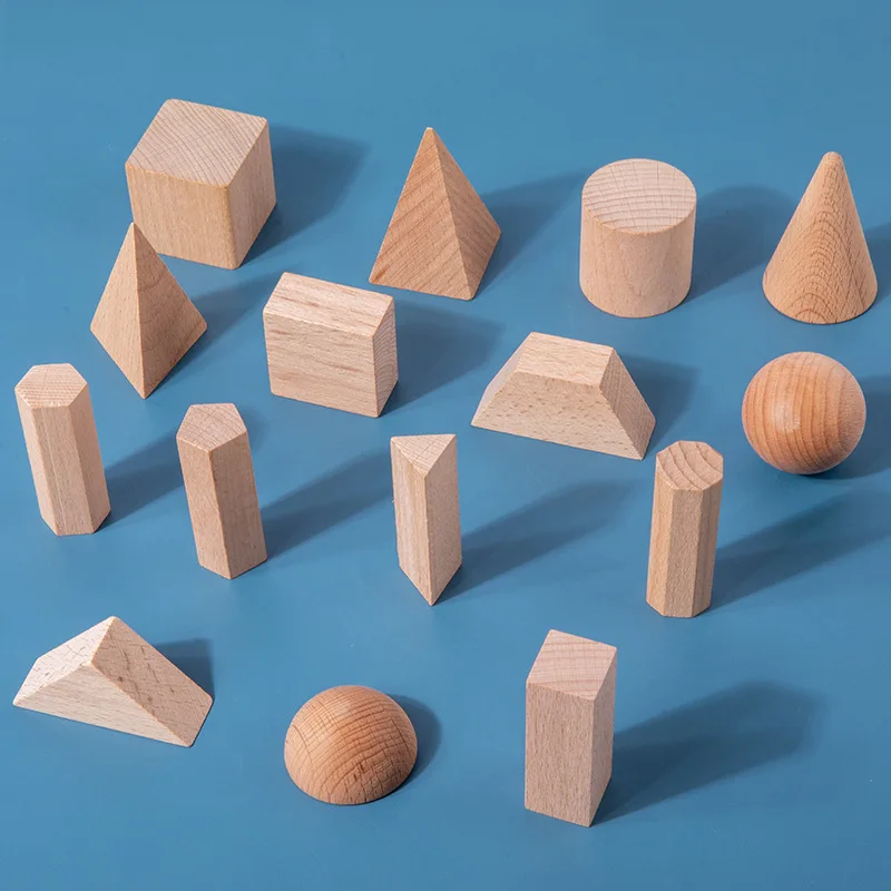 15 Pcs Wooden Geometric Blocks 3D Shapes Learning Education Math Toys for Kids