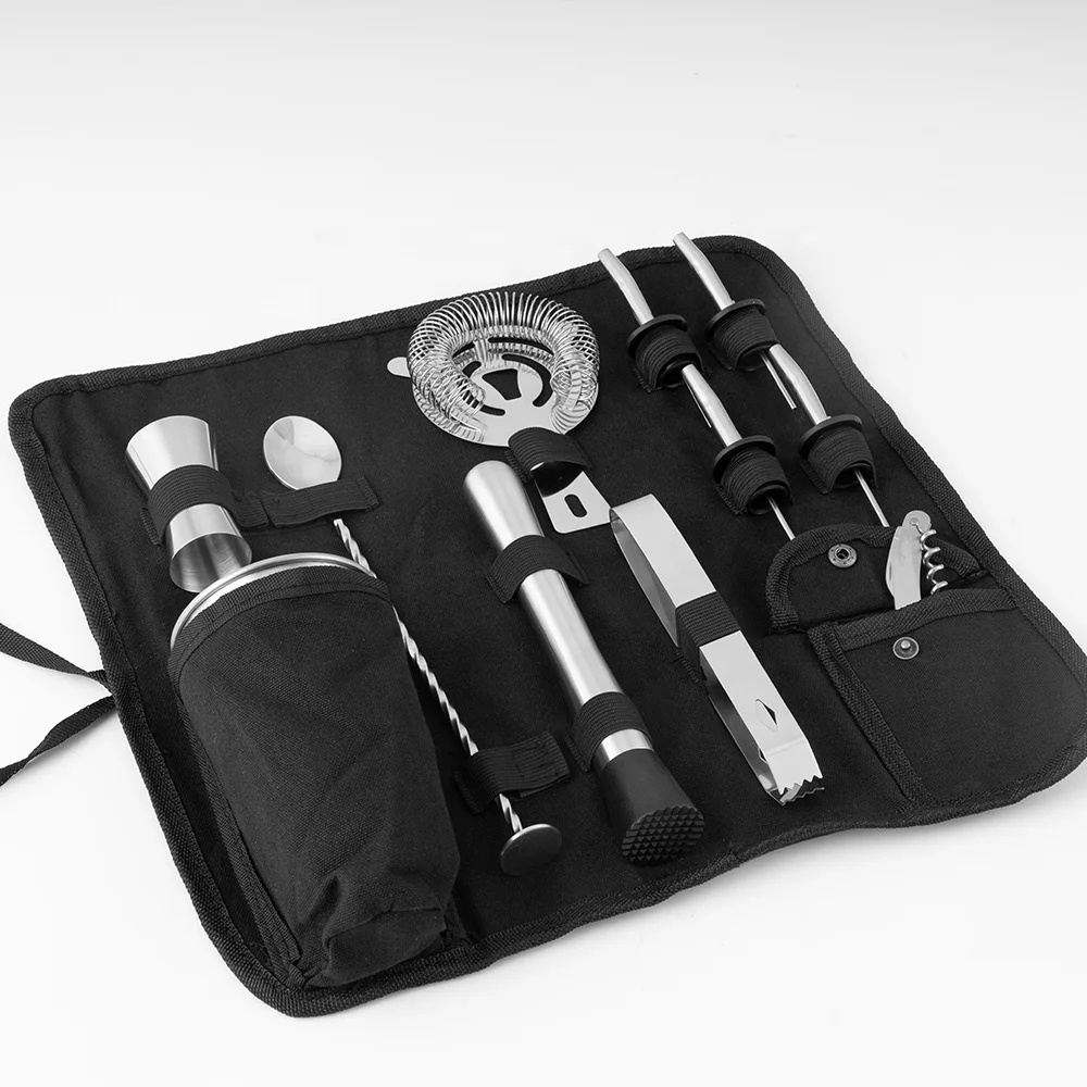 Portable Custom Logo Mixing Set 11piece Bar Tool Set Metal Mixology Cocteleria Cocktailset Bartender Bag Kit For Traveling