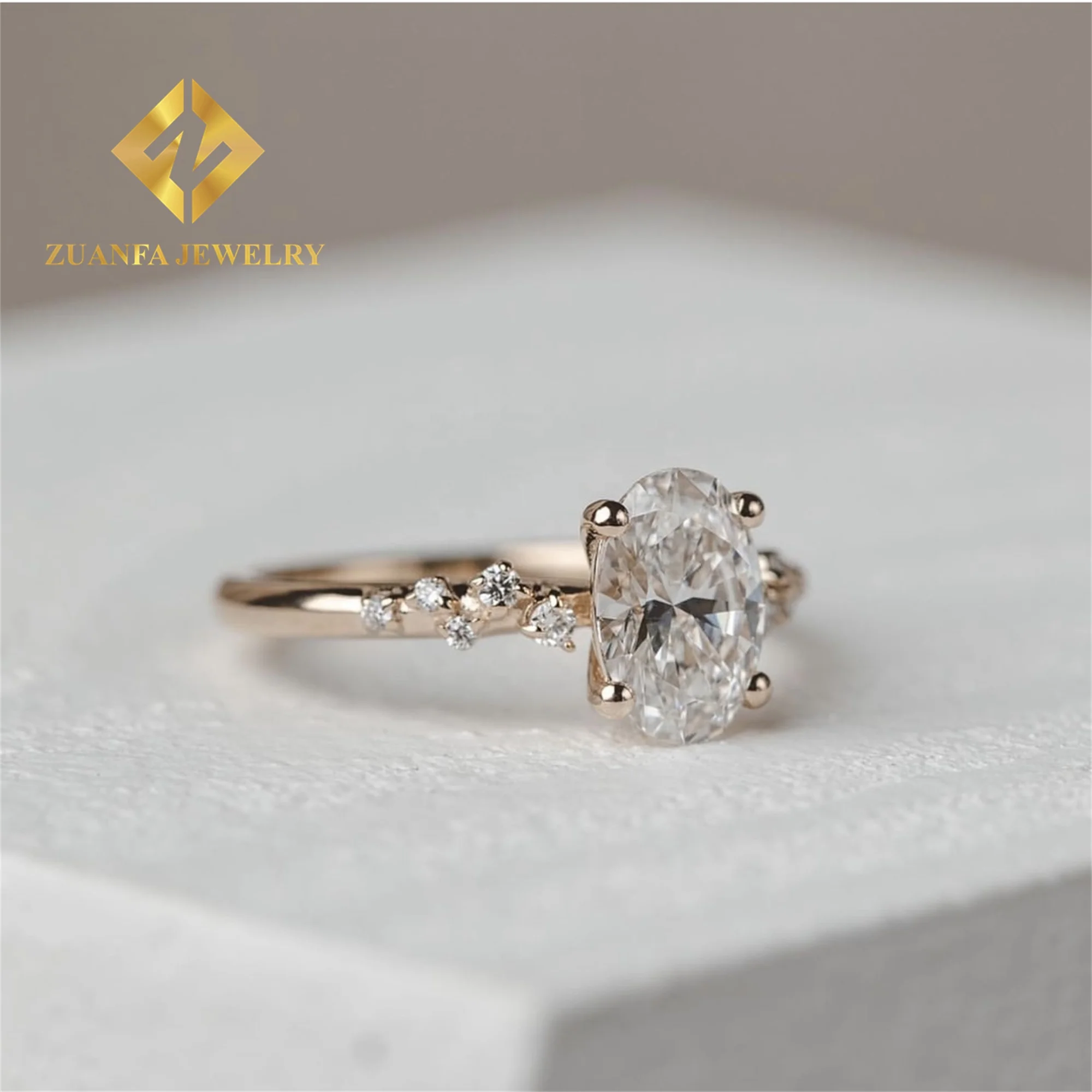 Luxury 14k Yellow Gold Boutique Bridal Wedding Jewelry Flawless Oval +Marquise Moissanite Diamond Engagement Wedding Band Ring