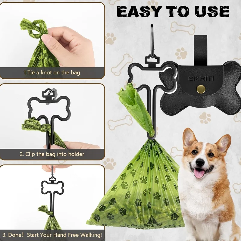 Leather Dog Poop Bag Holder Dispenser With 2 Kinds Leash Clip Stocked Poop Bag Carrier