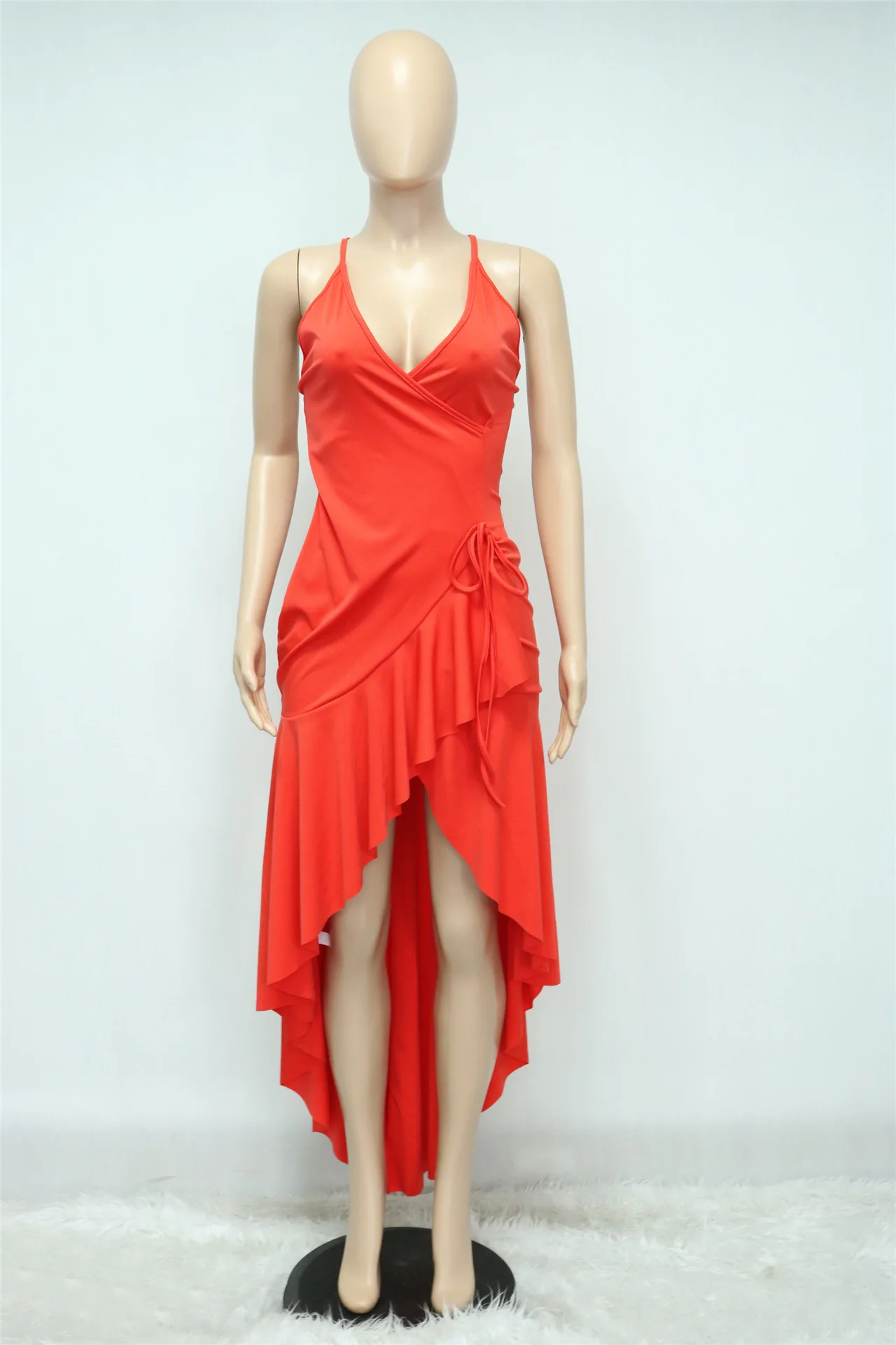 2022 Trending Solid Colors Slit Ruffle Dress Sexy Slip V Neck Bandage Backless Long Dress Women Peplum dress