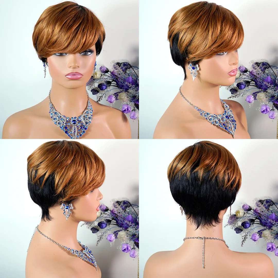 100% Brazilian Hair Short Machine Made Wig  Straight Short Pixie Cut Human Hair Wigs Vfor Black Women