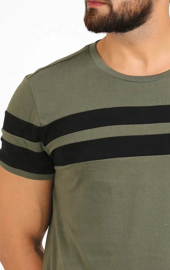 
Wholesale Direct Factory Sale Blank Custom Branded 100% Cotton khaki with black stripes Men T Shirt 