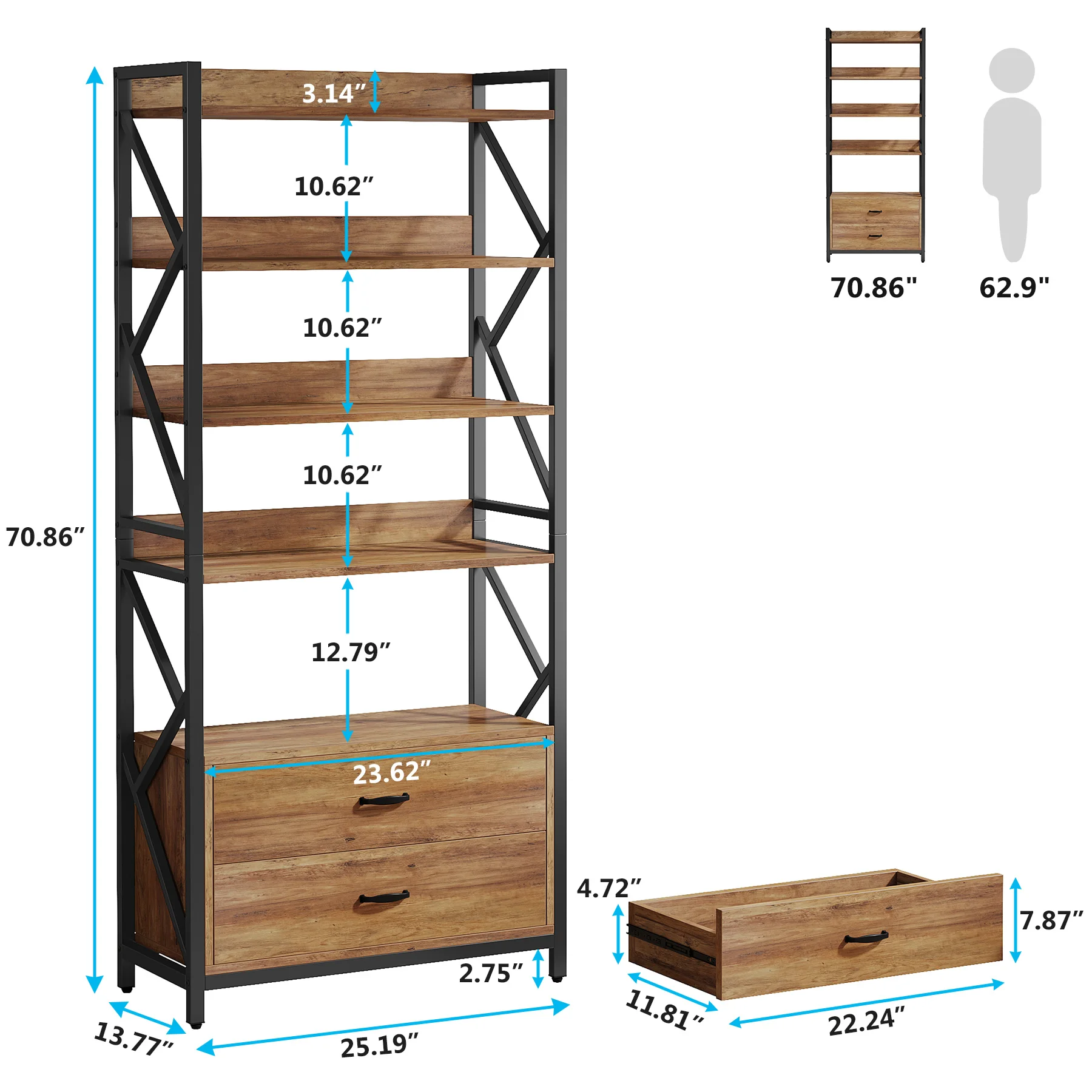Tribesigns  Industrial 5-Tier Bookcase with 2 Drawers  book storage organizer display shelf rack