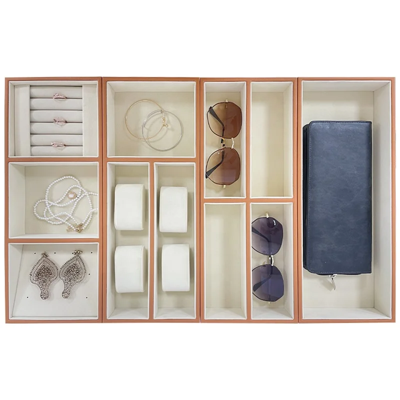 Orange PU Leather Cloakroom Closet Wardrobe Dresser Drawer Desktop Storage Jewellery Watch Glasses Organizer Valet Tray Set