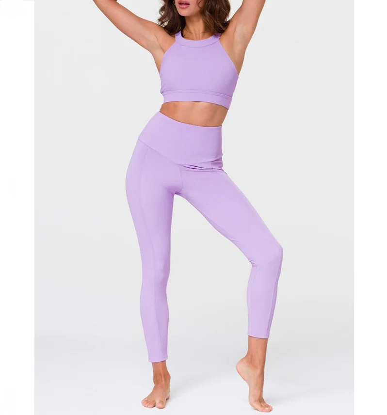 Summer Custom Ribbed Running High Waist Butt Lift Women Fitness Yoga Legging Set 2021