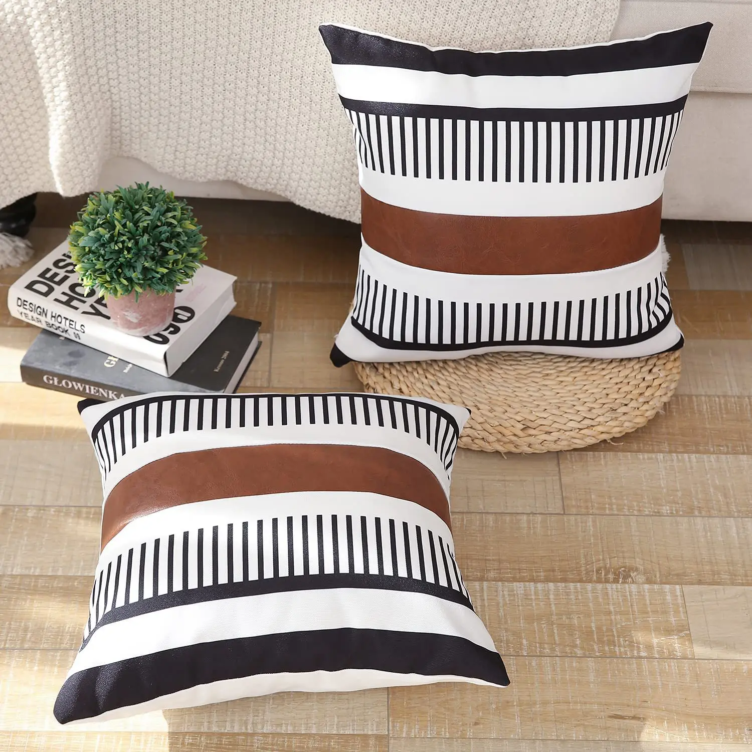 Decorative Boho Faux Leather 18 x 18 Inches Black White Decorative B&B Accent Pillows Cushion Pillow Cover Pillowcases