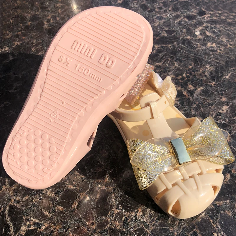 MINI DD Children Outdoor Jelly Flat Sandal Shoes Double Bow Girl Sandal Kids Casual shoes Footwear for Summer