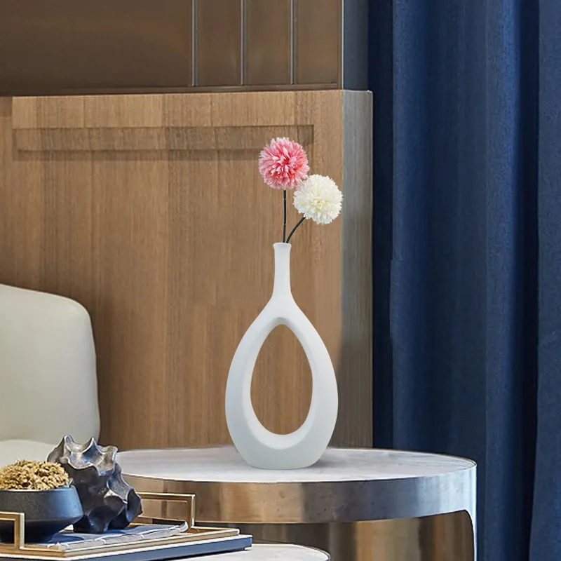 New Factory Custom Circle modern unique hollow ceramic doughnut donut flower vase for dining table with hole