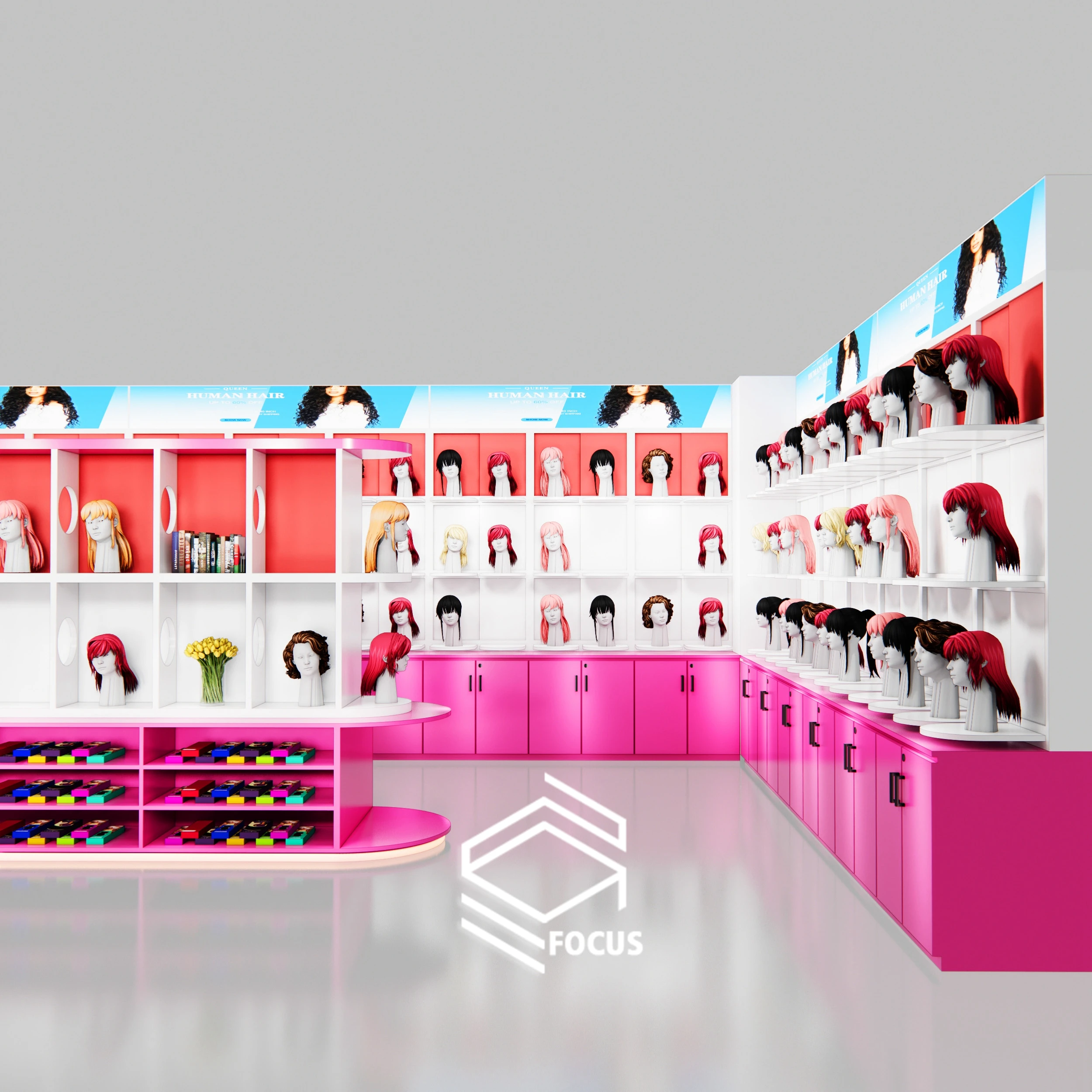 Beauty Shop Wig Display Showcase Furniture Beauty Store Display Hair Extension Salon Wall Display Cabinet For Wig Store Design