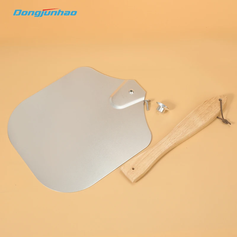 Kitchen serving pizza server stainless steel pizza baking slice tray with folding wooden handle