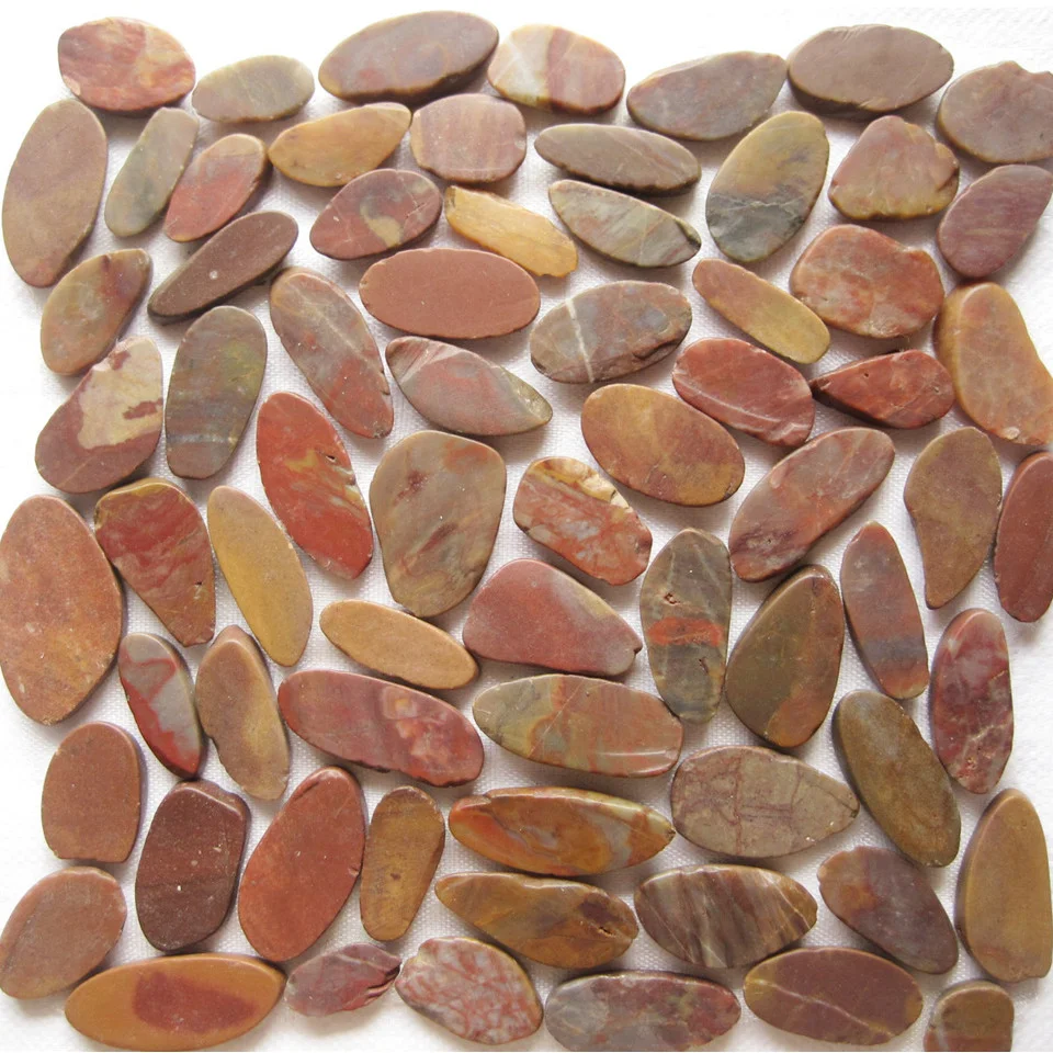 Machine cut Sliced natural red brown stone pebble tile