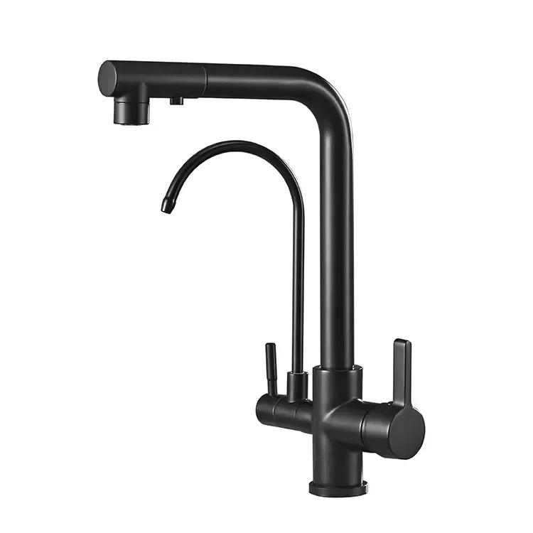 Dual-Function Polished Brass Pull Out Kitchen Faucet Deck Mounted Black Mixer Cold Water Purification Kitchen Sink Faucet Filter