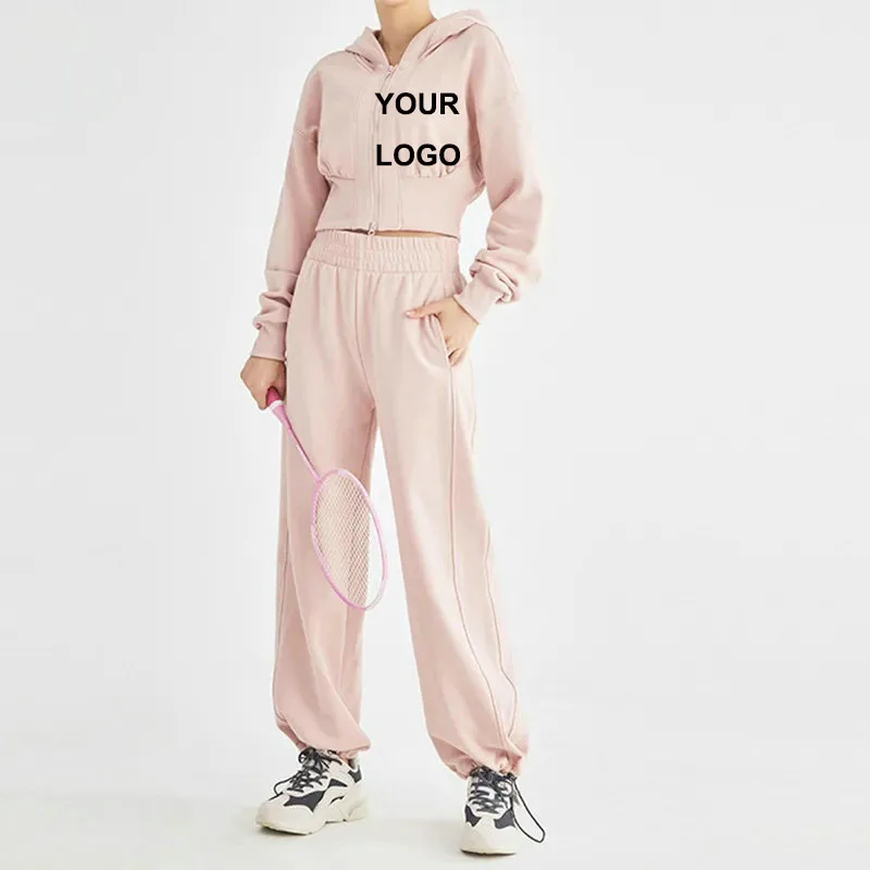 Custom logo women zip up cropped hoodie set velvet tracksuit Letter Appliques jogging suit women embroidery velour sweatsuit