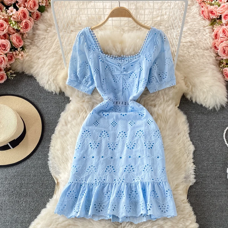 Summer ANSZKTN Square Collar Puff Sleeve Hollow Dress Fairy Style Crocheted Ruffled Slim Fit Sheath Dress Short Sleeve Dress